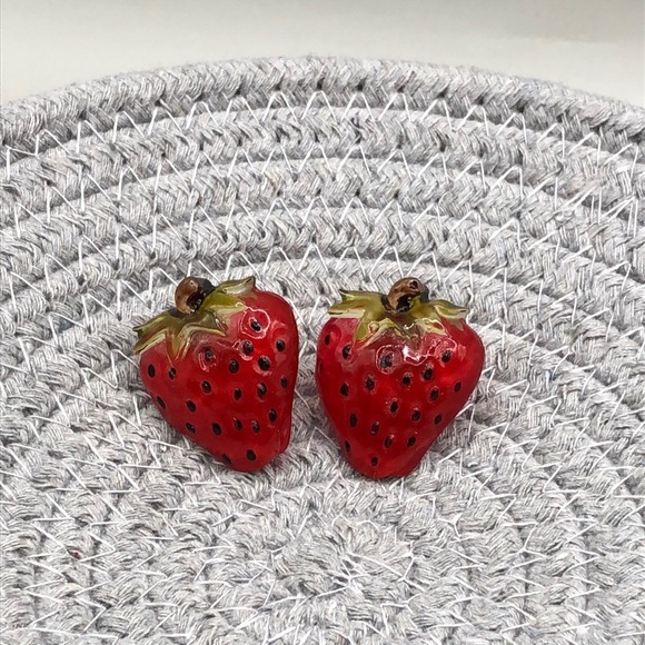 Vintage celluloid handcrafted strawberry earrings, fun statement, whimsy. - Picture 1 of 7